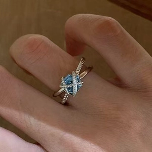 Elegant Light Blue Zircon Copper Ring Women Korean Ins Style Cross Over Twisted Rope Double Layer Adjustable Open Ring