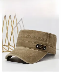 Detail of washed cotton cadet hat featuring side leather patch with metal rivet
