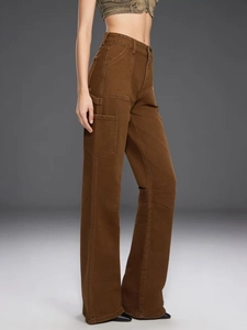 Slim fit brown vintage distressed cargo pants with large side pockets for women