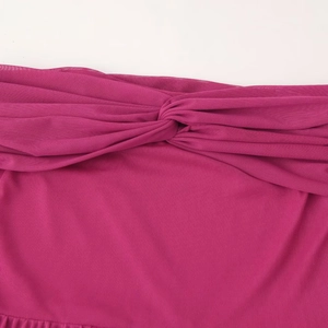 Elegant rose red strapless mesh dress with twist knot detail and flowing streamers