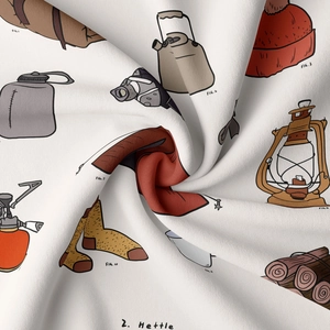 Détail du tissu doux de la tapisserie de camping avec illustrations d'équipement