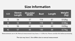 Detailed size chart for vintage biker jacket showing bust, sleeve and shoulder measurements