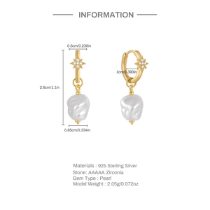 Detail of 925 silver gold star hoop earrings with dimensions 2.8cm and baroque pearl drop