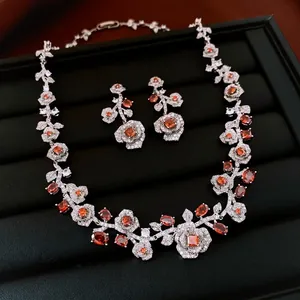 Vintage Rose Flower Necklace And Earrings Copper Zircon Palace Style Luxury Elegant Women Fashion Jewelry Accessories