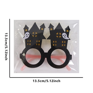 Halloween felt party glasses featuring black castle and white ghost motif with dimensions
