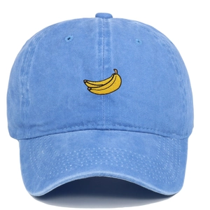 Vintage blue washed cotton baseball cap with high-quality yellow banana embroidery