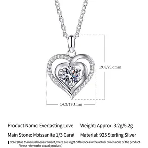 925 Sterling Silver Heart Moissanite Necklace with interlaced double heart pendant design