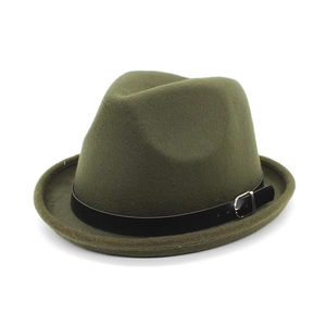 Detail of army green wool fedora hat featuring black leather band and silver metal buckle