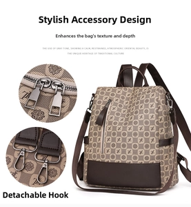 Detail view of monogram backpack with detachable metal hooks and brown leather trim
