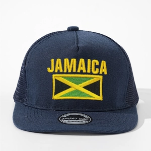Detail showing Jamaica embroidery and mesh back on a dark blue snapback truck cap
