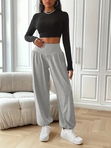 Women's high waist light grey wide leg trousers with elastic waistband in casual style