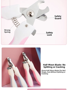Detail view of pet nail clippers with stainless steel blade and safety lock features
