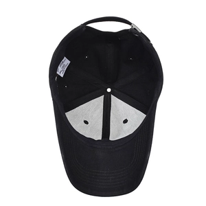 Inside view of black 100% cotton baseball cap showing 6-panel structure and sweatband
