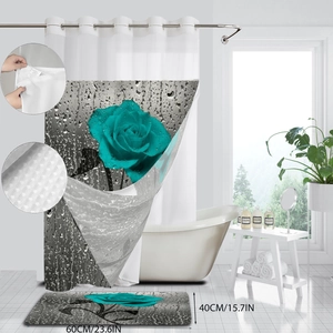 Detail of waterproof butterfly print shower curtain set with anti-slip bathroom mat