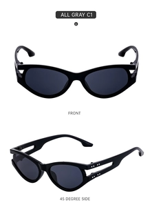 Close-up of black oval sunglasses with all gray lenses and hollow out temples