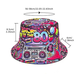 Retro 80s pop style bucket hat with colorful cassette and roller skate prints