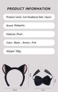 Detailed size specifications for the 4-piece plush cat ear headband and accessory set