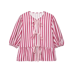 Top a rayas rosa y blanco para mujer con lazo frontal y mangas abullonadas
