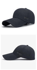 Detail of SPORT embroidery and long curved brim on dark grey baseball cap for men