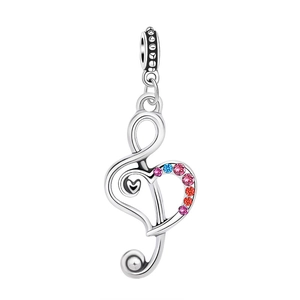 Silver treble clef heart pendant with colorful zircon stones for DIY jewelry