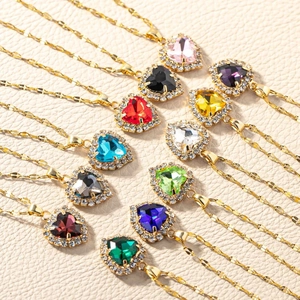 Heart Pendant Necklace Gold Plated Stainless Steel With Zircon Birthstone Fashion Jewelry For Women Elegant Clavicle Chain