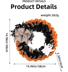 Detailed view of Halloween ghost wreath showing dimensions and orange burlap ribbon bow