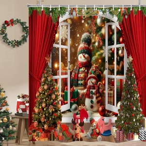 Detailed Christmas shower curtain with red drapes, snowmen, and a lit tree decor