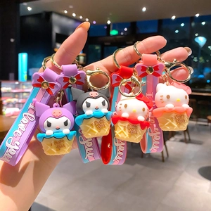 Sanrio ice cream cone keychains featuring Hello Kitty and Kuromi with 'I Love You' straps