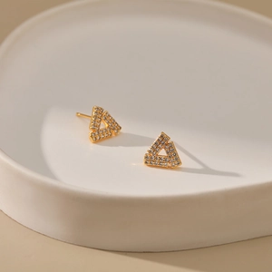 Minimalist gold geometric triangle stud earrings with micro-paved cubic zirconia accents