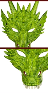 Macro detail of 3D green dragon mask showing realistic scale textures and white tusks