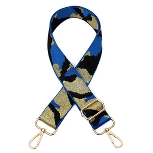 Adjustable blue and black camouflage pattern bag strap with gold metal hardware