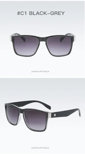 Front and 45-degree angle views of black rectangle sports sunglasses with grey lenses