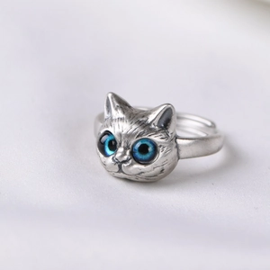 Vintage Silberring mit Katzenmotiv, blauen Augen und verstellbarem offenem Design