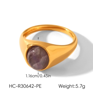 Detailaufnahme des Retro-Edelstahlrings mit ovalem violettem Naturstein und Maßen