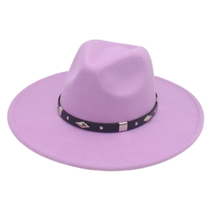 Close-up of lavender wool fedora hat featuring a black leather band with metal studs