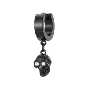 Detailed view of gothic black stainless steel hoop earring with skull pendant charm