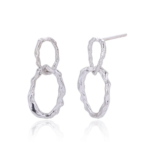Elegant S925 sterling silver long double-circle earrings with hammered metal texture