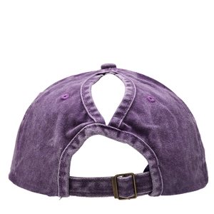 Detail of purple washed cotton ponytail baseball cap with metal buckle and back opening