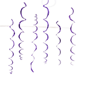 Set of six purple metallic hanging PVC swirls decorations for festive window displays