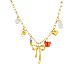 Colorful beaded necklace with gold sun, heart, bow, and pearl charms on paperclip chain