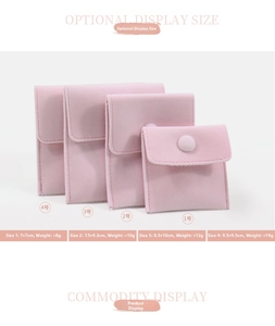 Size guide for pink velvet jewelry pouches showing dimensions and weight for four styles