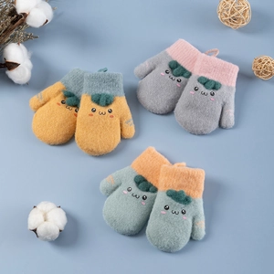 Winter plush mittens for children featuring cute cartoon expressions in three color styles