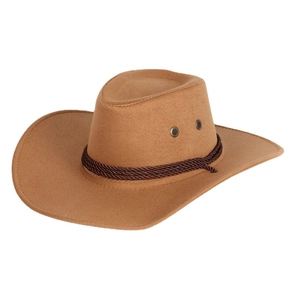 Cappello da cowboy marrone in finta pelle scamosciata con cordino intrecciato, vista laterale