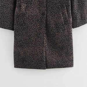 Women's French style leopard print wool blend coat in dark grey brown with side pockets