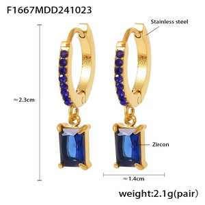 Detail view of 18K gold plated stainless steel earrings with blue zircon and dimensions