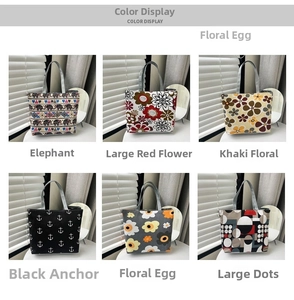 Detailed grid view of six canvas tote bags featuring ethnic and floral print patterns