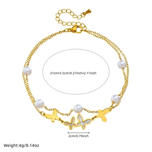 Double-layered gold stainless steel anklet with white pearls and butterfly charms