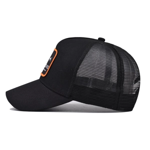 Classic black mesh trucker hat with orange stitched patch and breathable back design