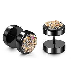 Macro view of black dumbbell stud earrings featuring colorful druzy stone inlays