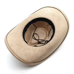 Draufsicht auf khaki Wildlederimitat Fedora Hut mit Schweißband und verstellbarem Kordelzug